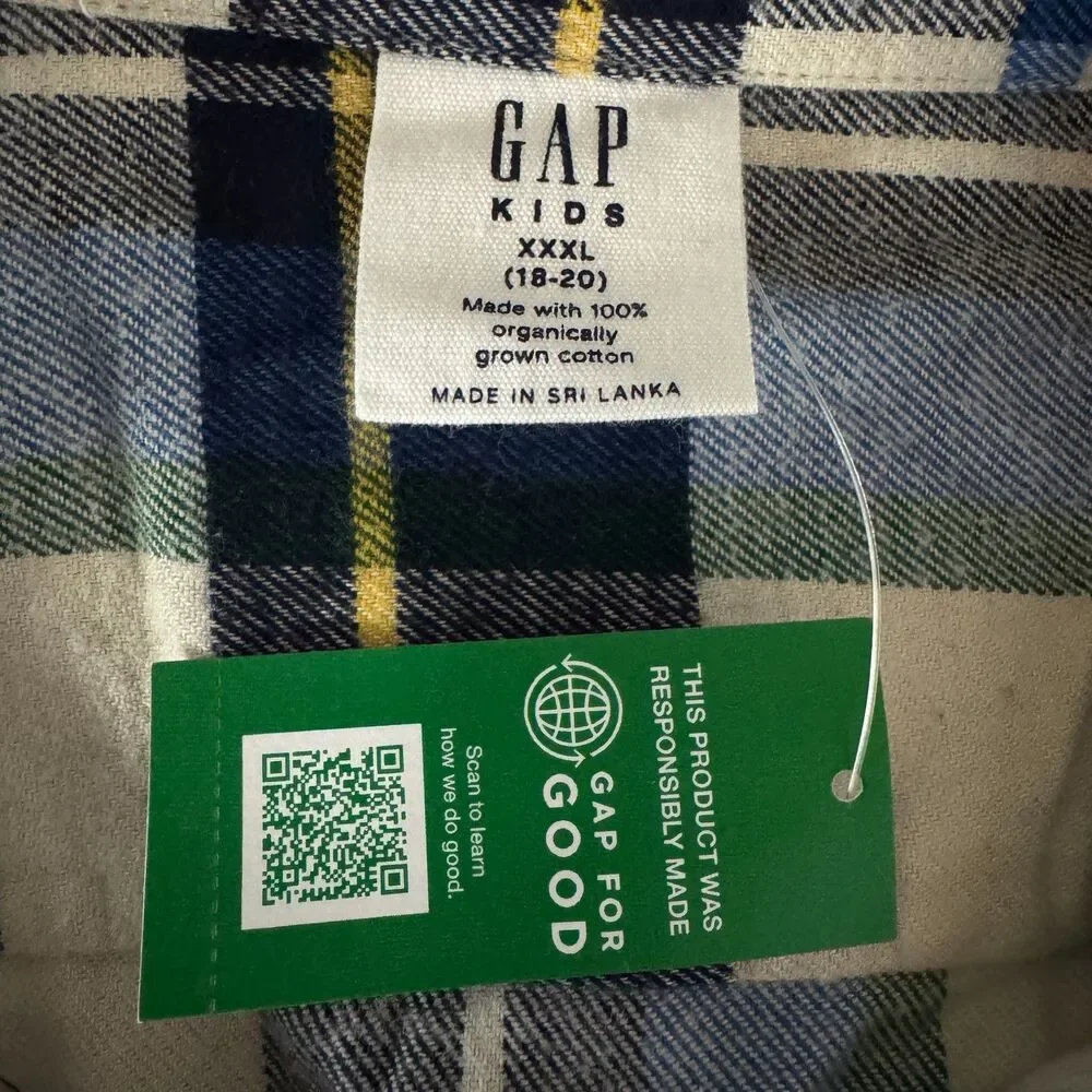 New Gap Organic Cotton Flannel Long Sleeve Button Down Shirt Boys Size 18-20